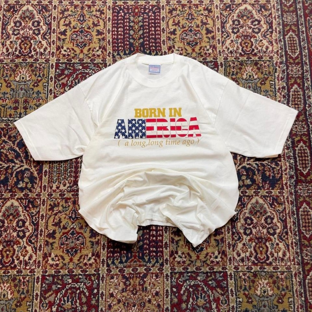 VTG 90s Born in America a long long time funny white tee shirt‎ L USA patriotic
